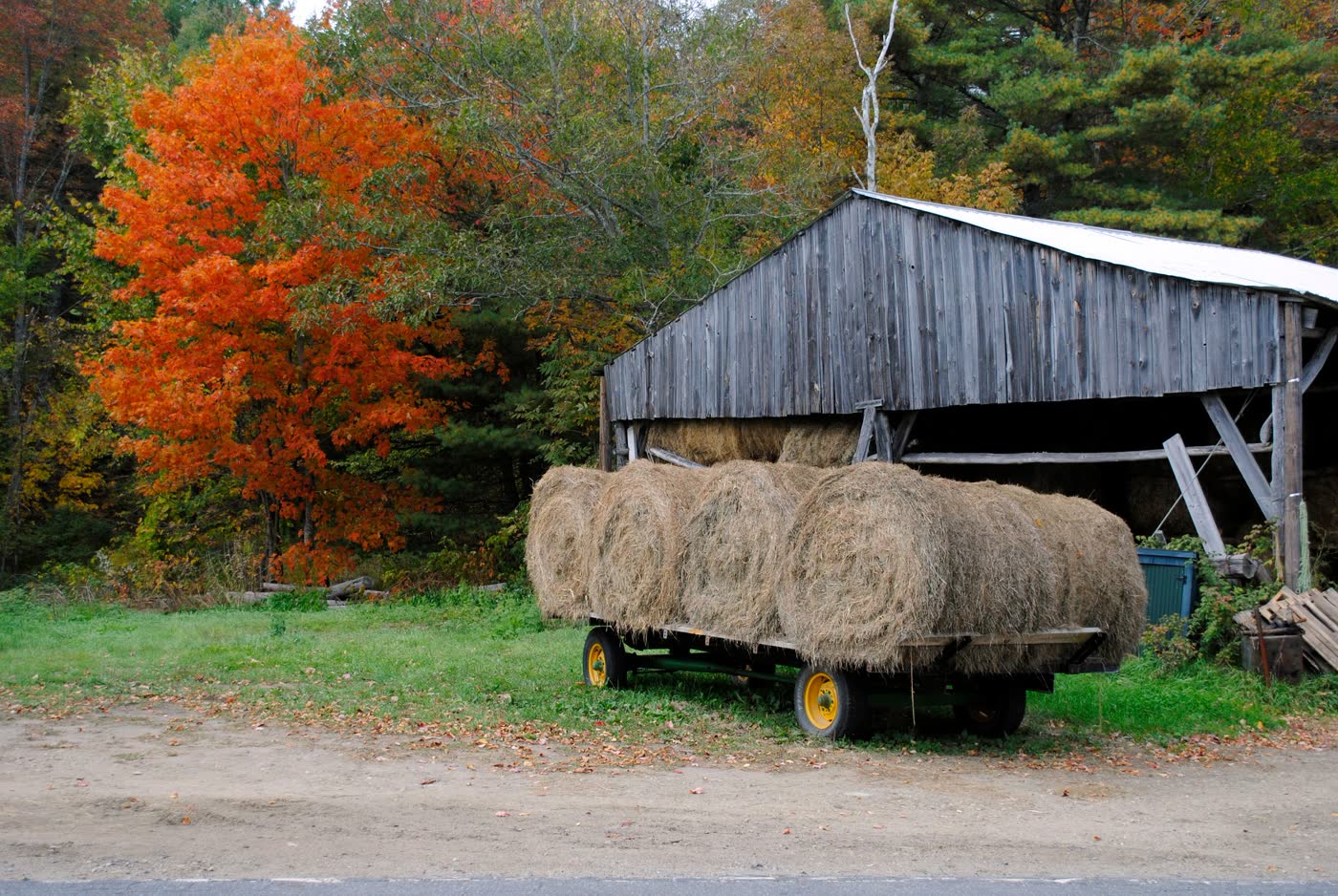 Farm trailer loaded with round hay bales at a barn